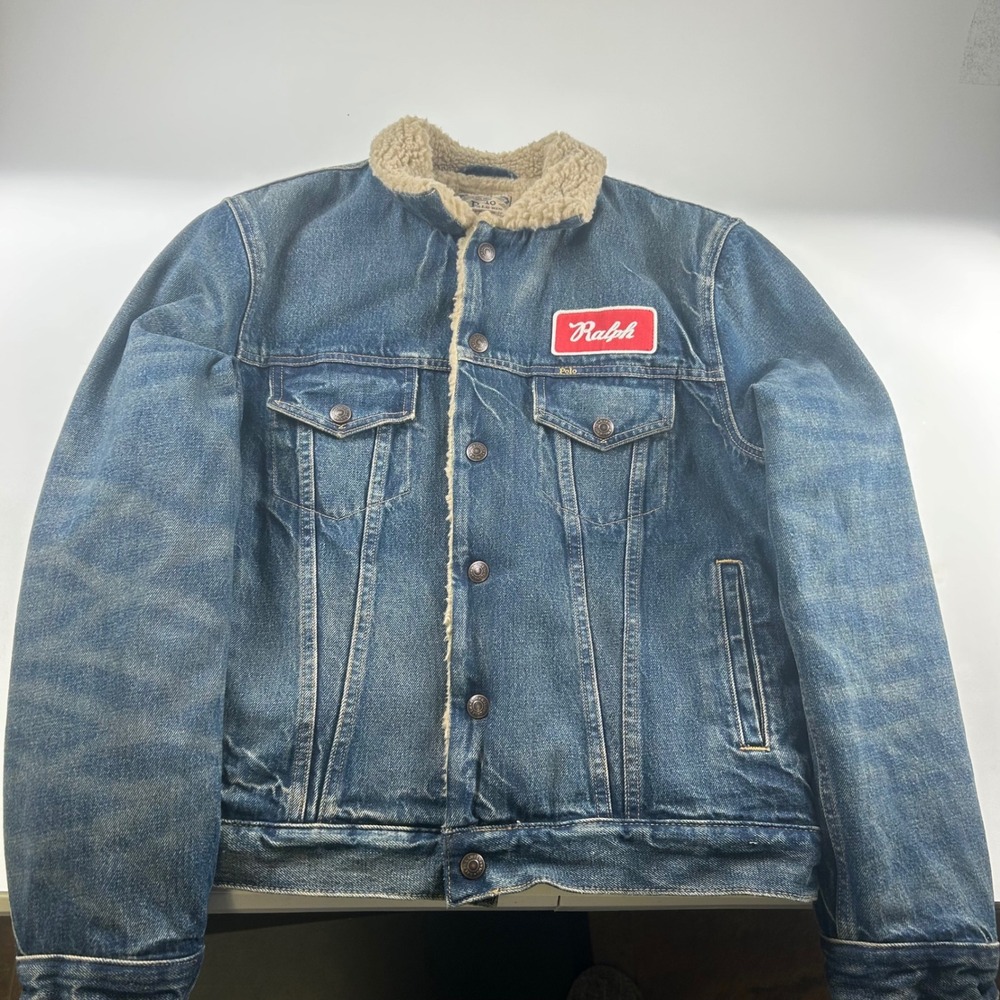 Polo Ralph Lauren Mens M Sherpa Lined Denim Trucker Jacket Blue Barn Work Biker - Picture 8 of 13